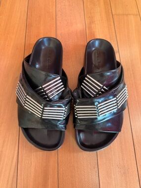 Rick Owens Black Leather Slide Sandals with Silver Stud Accents